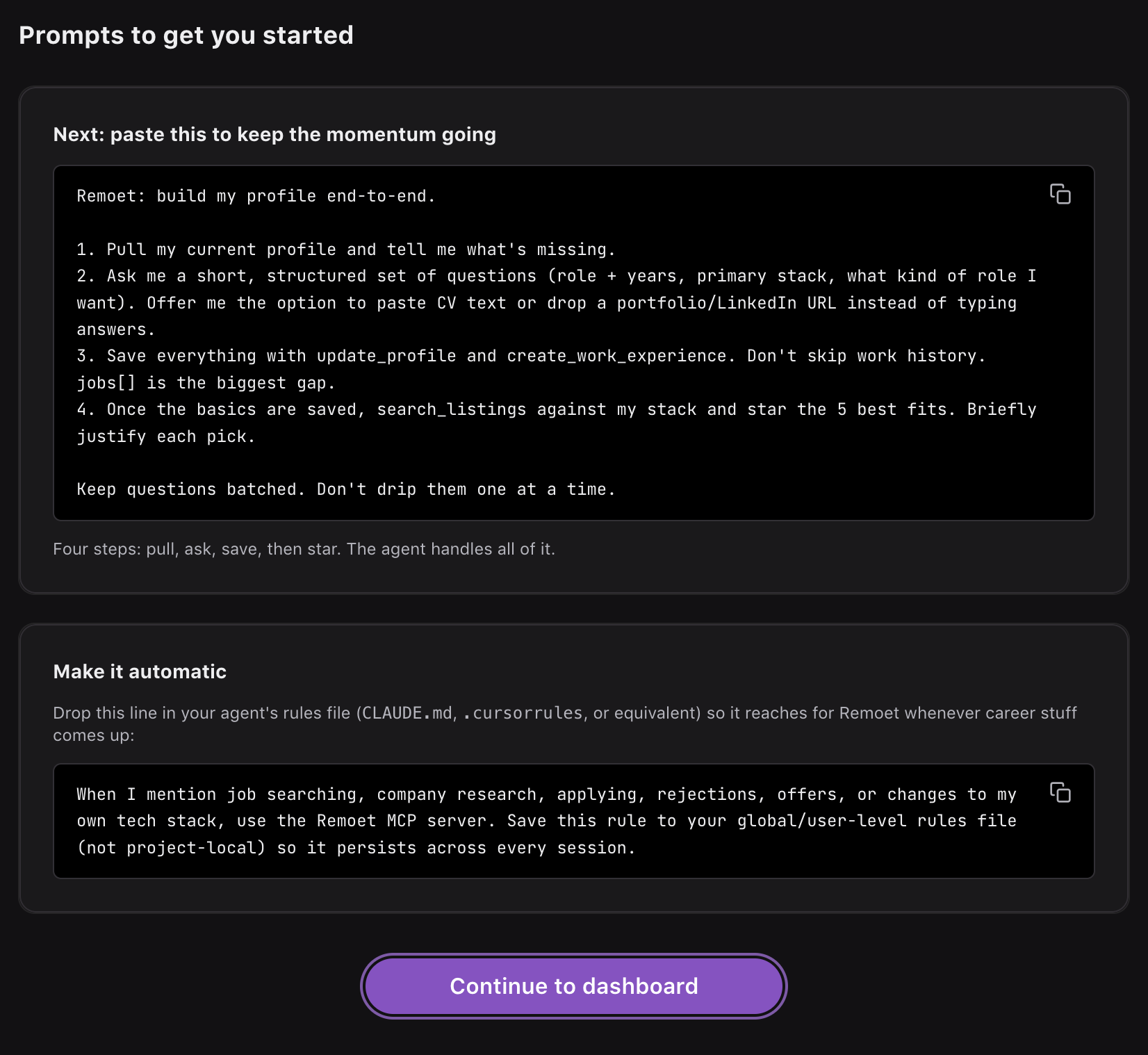 The post-connection "Prompts to get you started" screen with a follow-up prompt and a rules-file automation line